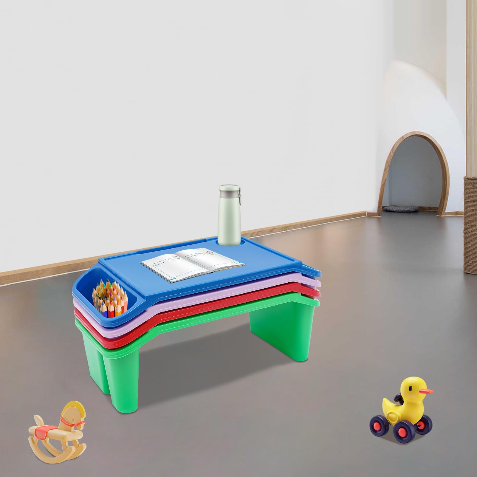 Kids Lap Desk Tray Plastic Breakfast Laptop Trays with Storage Portable Activity Table with Side Pockets/Slot Portable Lap Bed Table for Writing Eating Game Snacks (Blue, Red, Green, Purple/ 4Pcs)