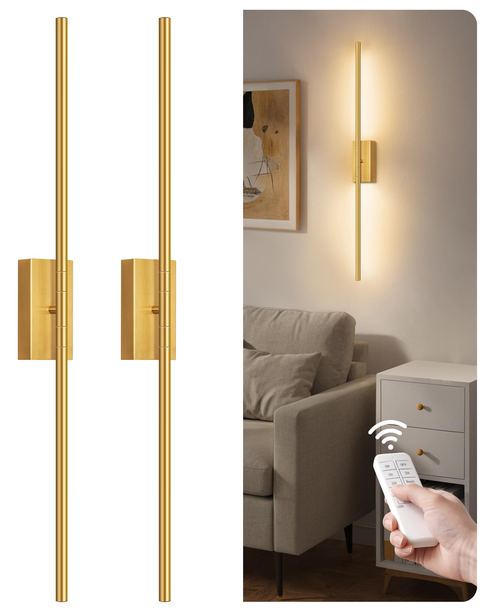 34.6" Wireless Battery Operated Wall Sconces Set of Two,Rechargeable Lamp with Remote, 360° Rotation, 10000mAh Battery, Touch Dimmable Lights for Living Room Hallway Bedroom, Gold D05YBP205