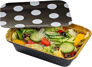 16 Ounce Disposable Takeout Containers 200 Rectangle Food Containers - With Polka Dot Lids Black And Gold Takeaway Containers Aluminum Delivery Containers Freezable
