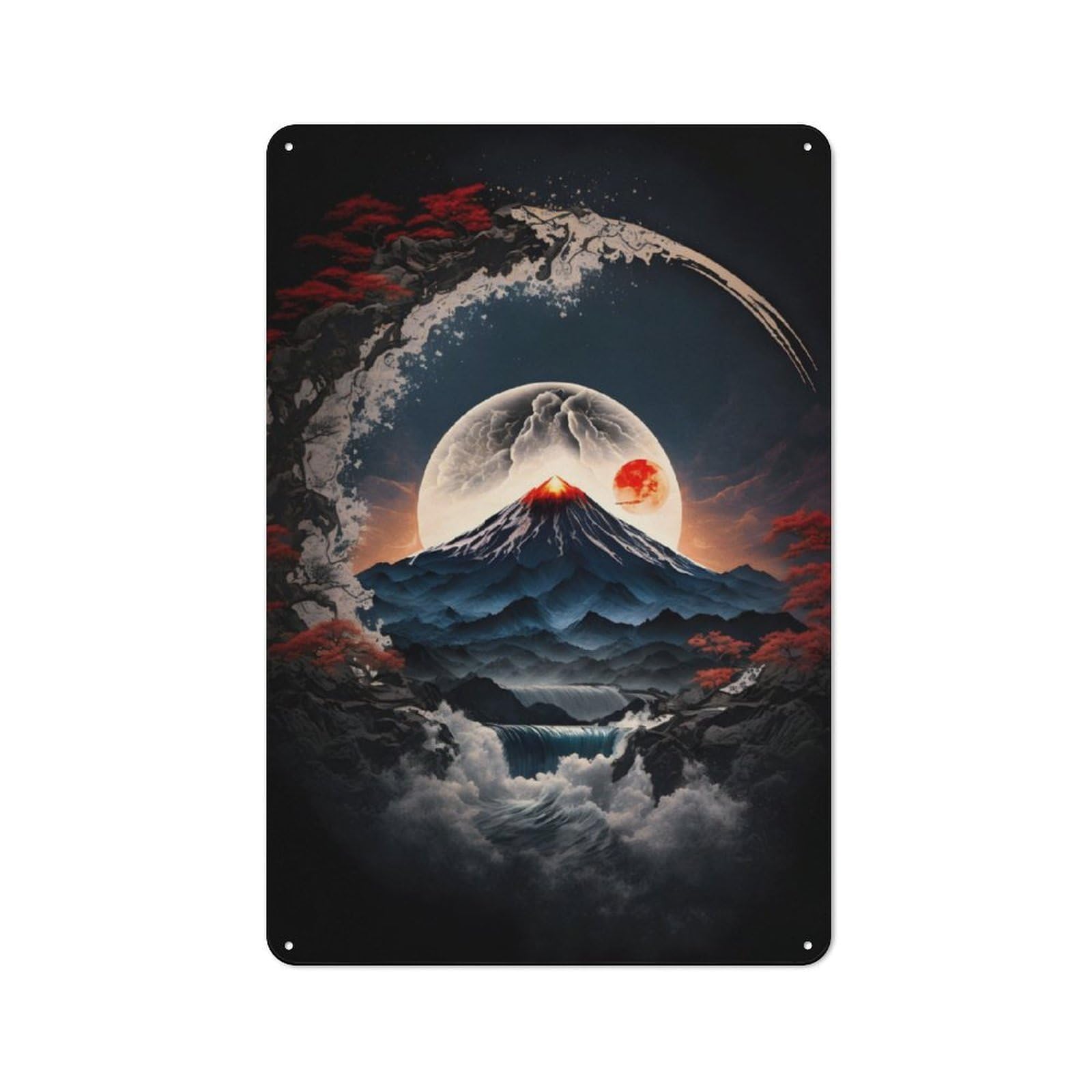 Junmoney Moonlight Mt Fuji Vintage-Inspired Tin Sign 30X20cm For Garage Or Workshop, For Garage, Workshop And Man Cave Decoration