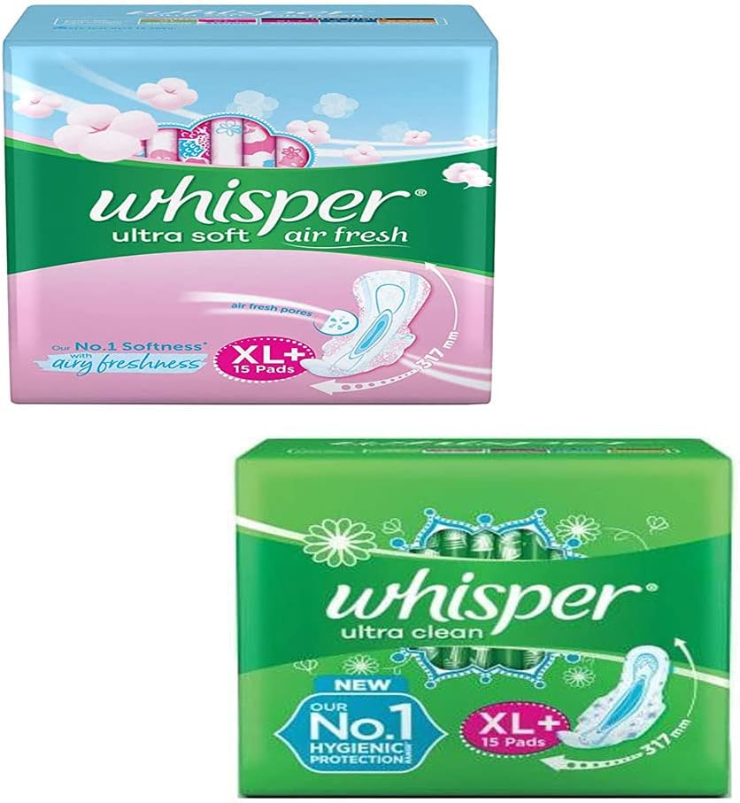 Whisper Ultra Soft Air Fresh With Airy Freshness XL+ & Ultra Clean No.1 Hygienic Protection XL+ 2X15 Pads Sanitary Pad