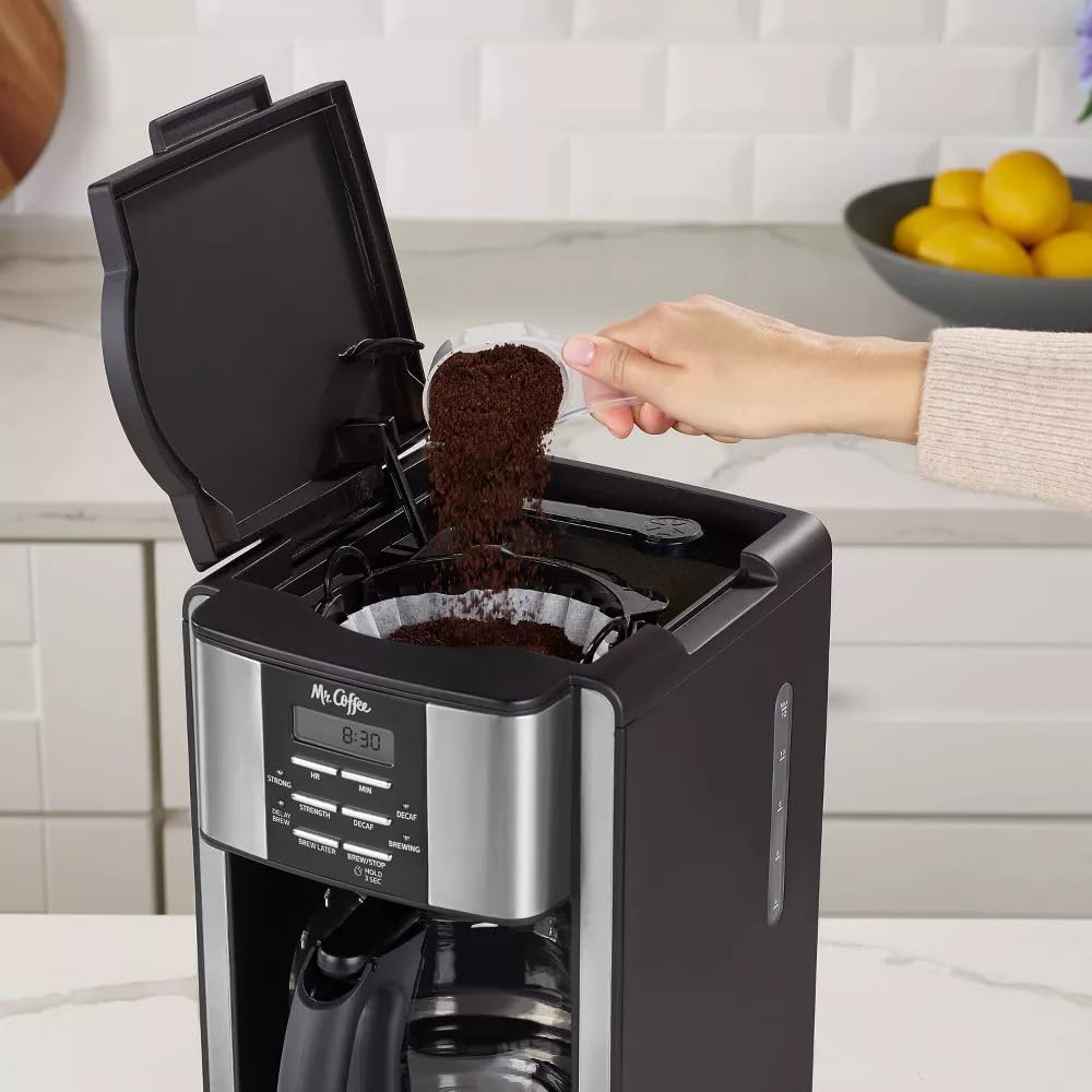 Mrs. Coffee 12-Cup Programable Coffee Maker with Cleaning Setting, Auto-Pause & Brew Selector Black/Stainless Steel
