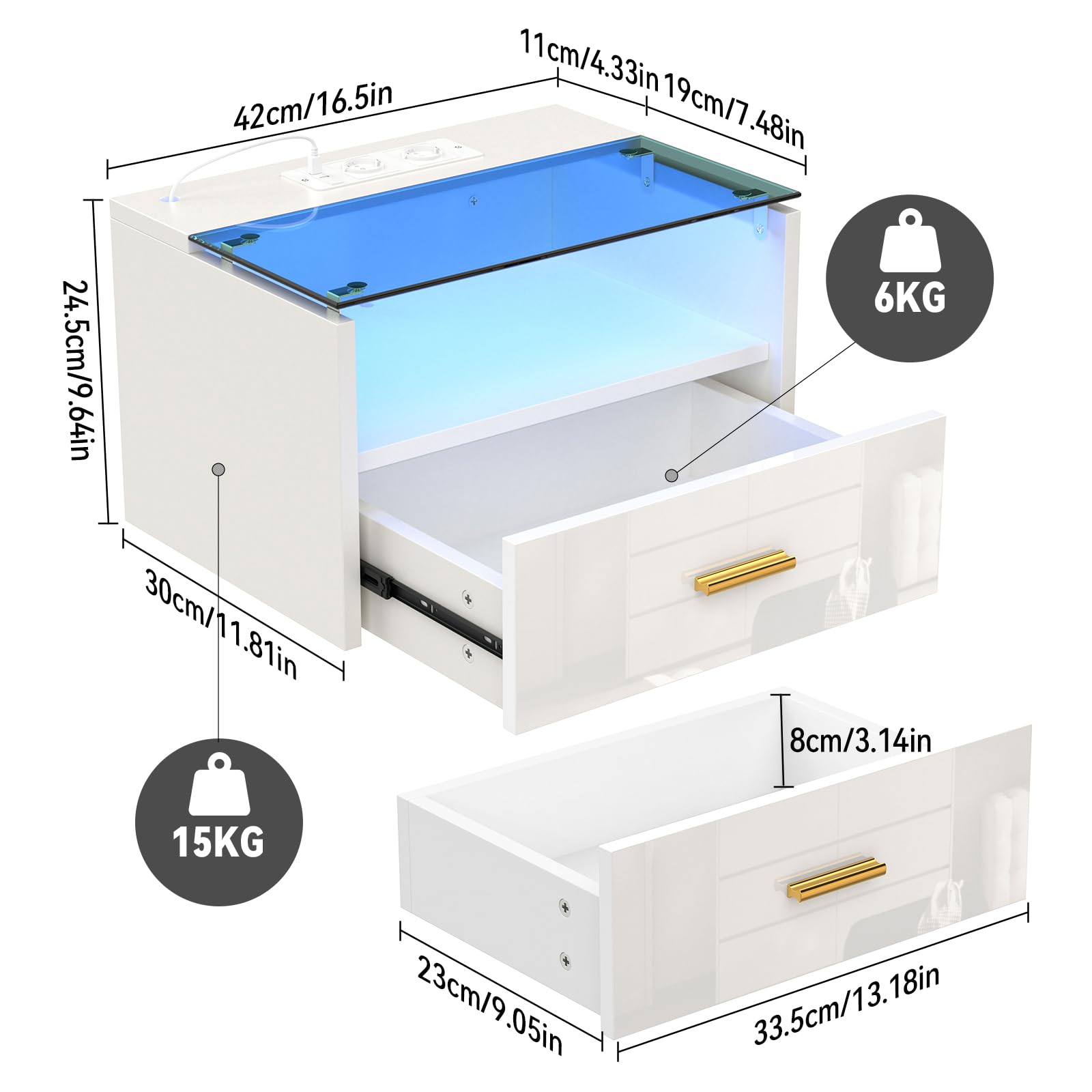 Table de Chevet Suspendue Murale Avec Bande LED, Connectée Avec 2 Prises et 2 Ports USB, Tiroir, 42x30x24,5 cm, Blanc