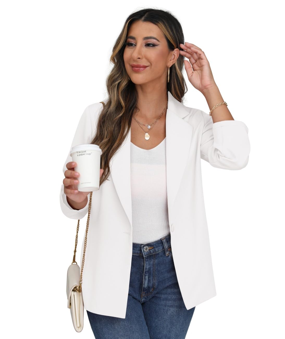 PrinStory Blazer para mujer, manga ajustable, con bolsillos, cuello de solapa, botones frontales abiertos