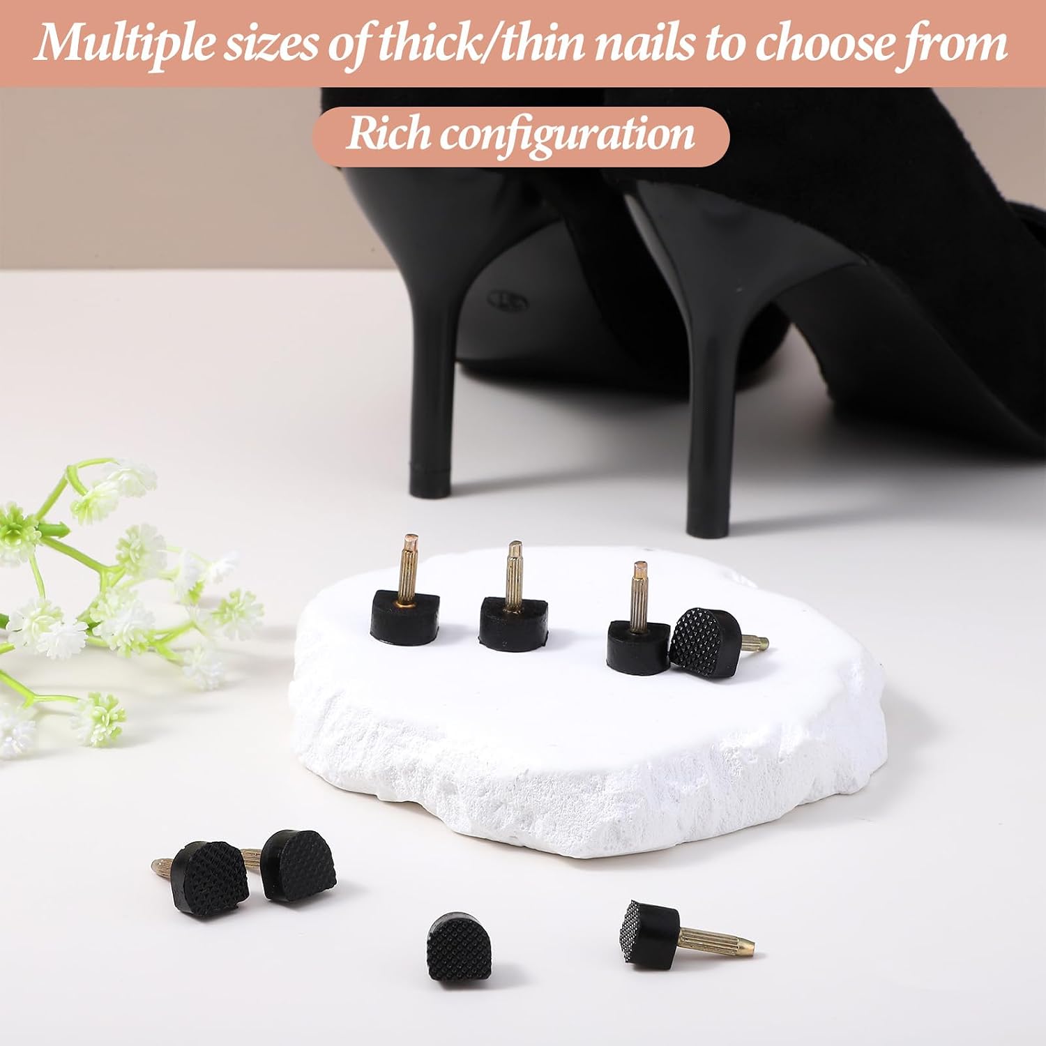 10 Pairs High Heel Tips Replacement, High Heel Protectors & Heels Tip Replacement Caps,U/Cap Style, 2.5mm & 3mm Metal Core, 5 Sizes (8-12mm), Highheel Repair Tool, Dowels Tips Pin Kit (Black)