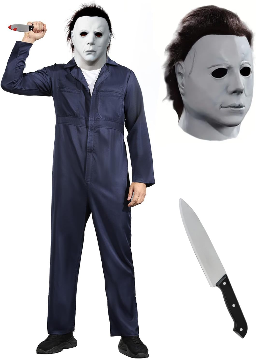 Blue Jumpsuit for Men and Boy,Halloween Cosplay Coveralls Costume with Mask and Prop Knife