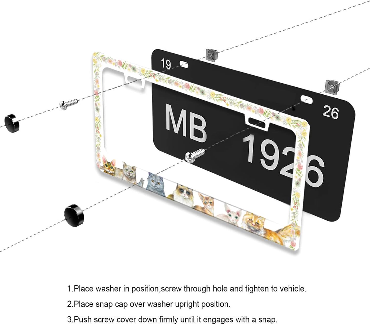 Cute Cat Flowers License Plate Frame Stainless Steel 2-Holes with Screws image 4