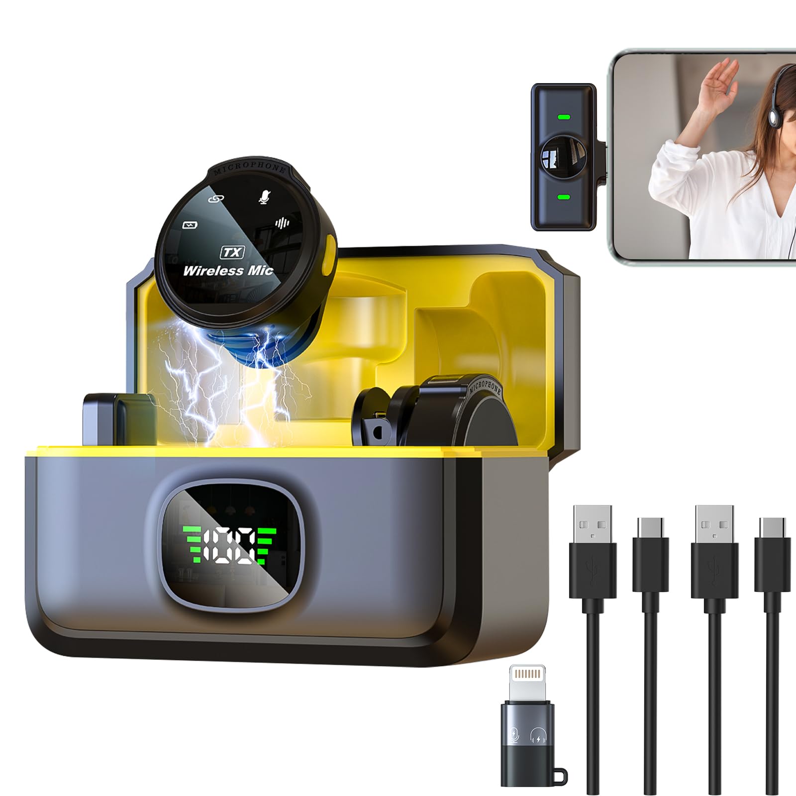 HOMREALM2 Pcs Wireless Lavalier Microphone for iPhone iPad Android with Charging Case Clip on Lapel Microphone Wireless for Video Recording Vlogging, YouTube, Interview, 3 Mode Denoise(2*TX+1*RX)