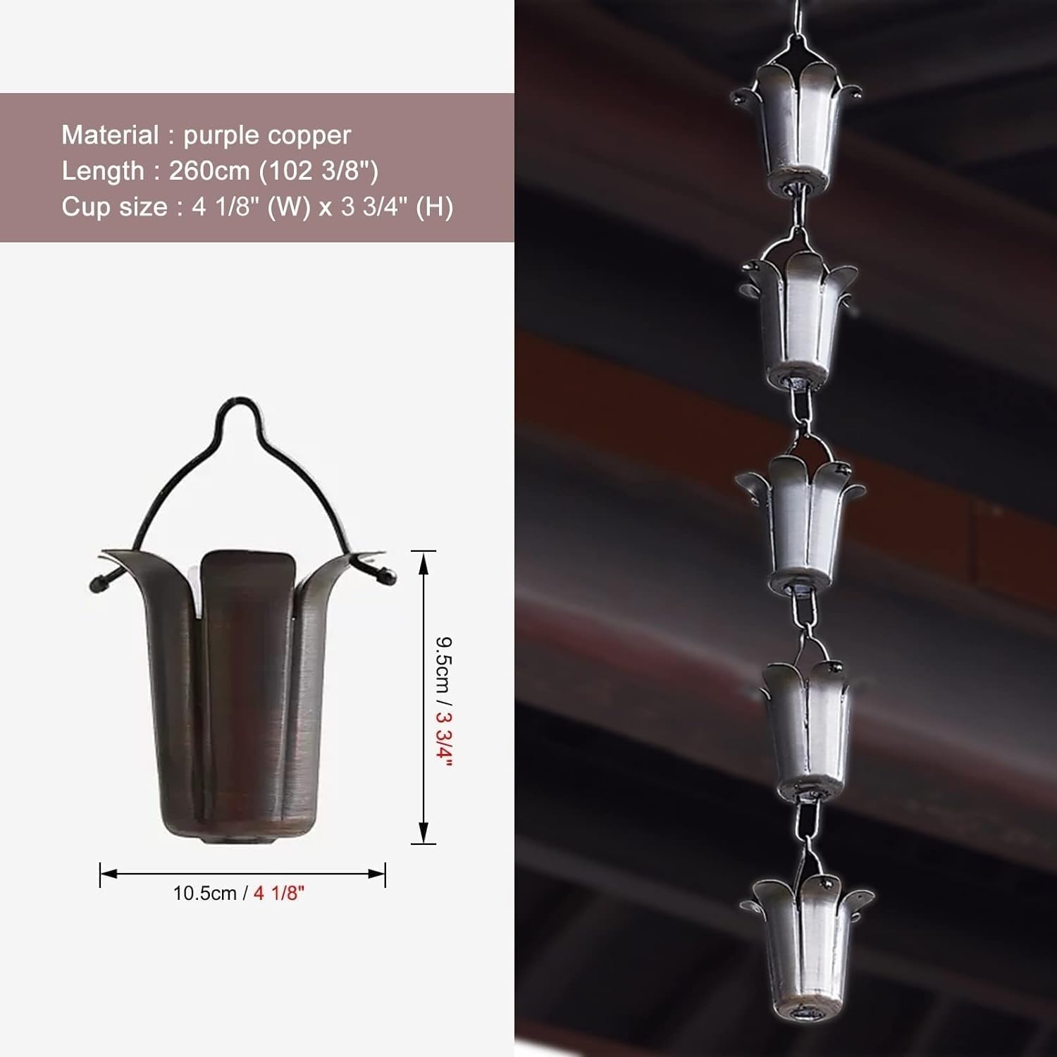 Petal Shape Rain Chain Gutter, Outdoor Garden Decorative Rain Chain/Eaves Drainage(Style4,260cm (102 3/8"))