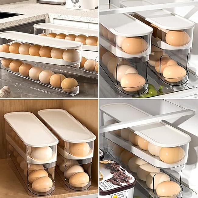 Egg Storage Rack, Fridge Kitchen Organizer - Sliding Wheel Design, Automatic Egg Retrieval Function, Food-Grade Plastic Material, Space-Saving Compact Arrangement, Durable Modern Kitchenware. 1 Pack