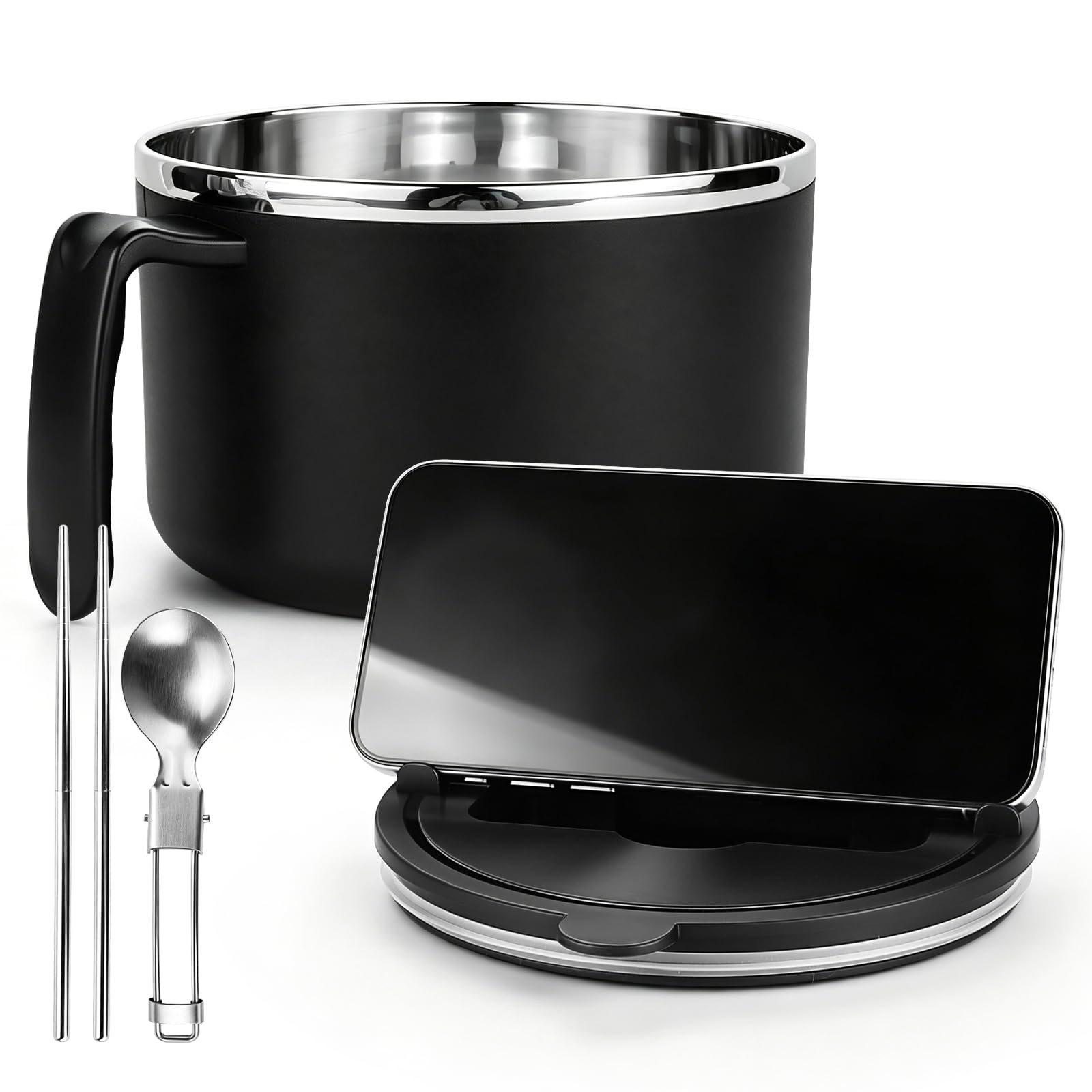 ICEBLUEOR 1200ml Noodle Bowl with Filterable Lid and Handle, 304 Stainless Steel Instant Noodle Bowl, Portable Ramen Bowl Noodle Pot with Lid, Spoon, Phone Holder for Office College Kitchen (Black)