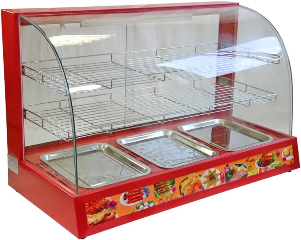 KuKoo Brand 90cm Electric Food Warmer Cabinet, Red Stainless Steel - 3 Sliding Doors, 3 Trays, Moisture Preservation, Internal Lighting