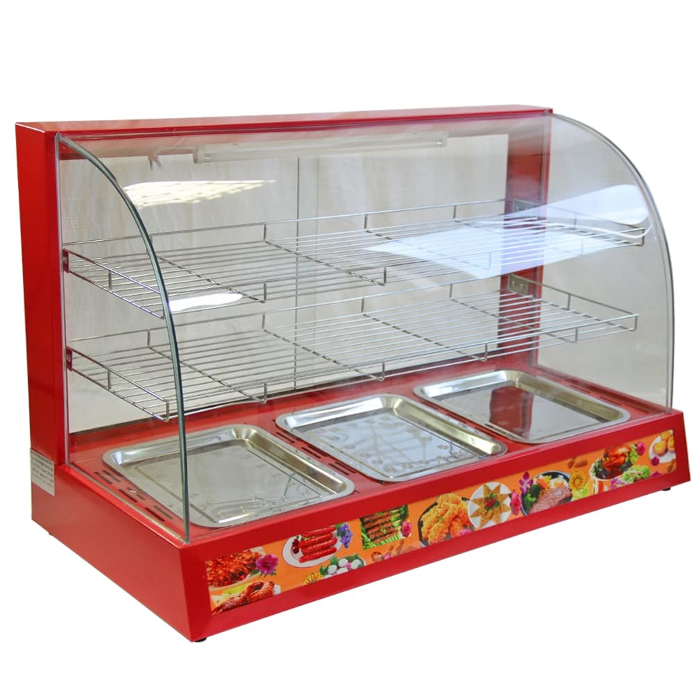 KuKoo Brand 90cm Electric Food Warmer Cabinet, Red Stainless Steel - 3 Sliding Doors, 3 Trays, Moisture Preservation, Internal Lighting