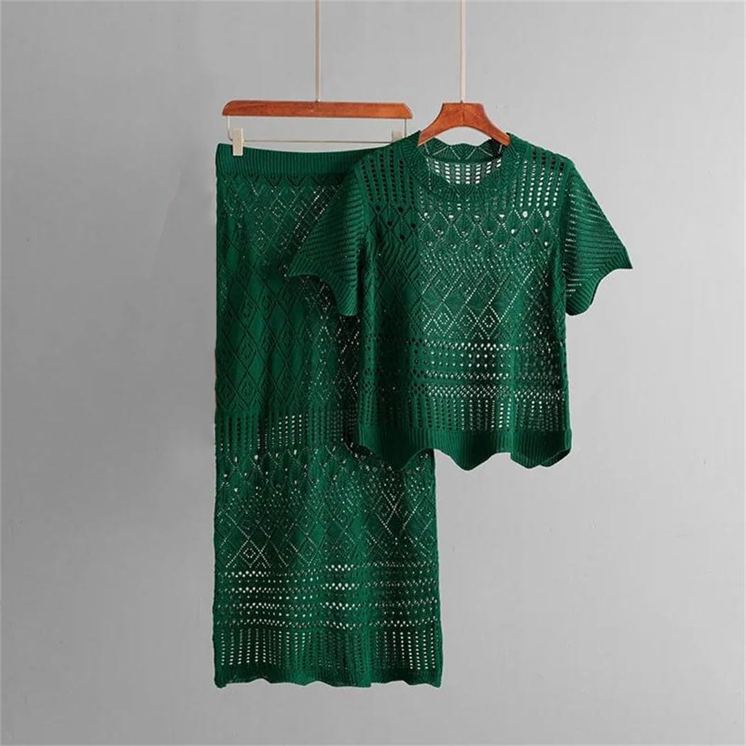 Women's Solid Color Hollow Short Sleeved Knitted Skirt Two-Piece Set