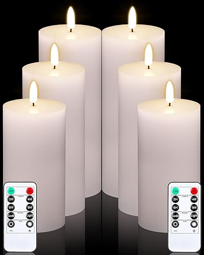 VIHOSE Juego de 6 velas blancas sin llama, velas LED blancas con control remoto y temporizador, velas sin llama, velas de pilar sin llama, pilas