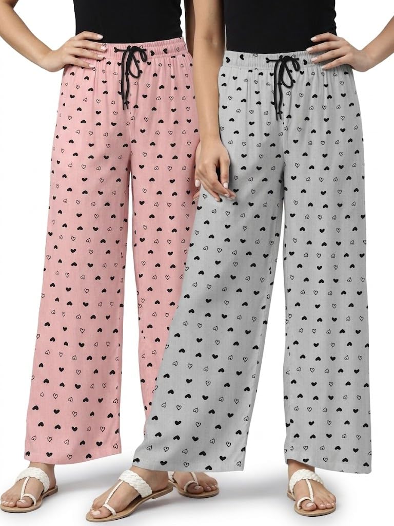 KRUPA INNOVATIVE Women's Printed Cotton Palazzo Pants (Pack of 2) – Soft Lounge Pajamas with Elastic Drawstring Waist Nightwear & Casual Summer Wear (Pink & Grey)-image-29