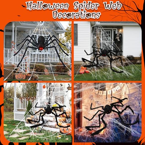 Wanheart Halloween Decorations Outdoor Spider Web, 59'' Giant Spider + 200" Triangular Giant Web, Indoor/Outdoor Scary Home Garden Party, Haunted House"} - Image 6