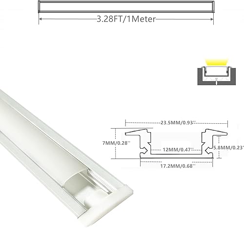Miniatura 2 de Paquete de 10 unidades de 3.3 pies 3.3 ft empotrable LED sistema de difusor de canal, collar de aluminio de 0.98 x 0.88 pulgadas de perfil bajo para