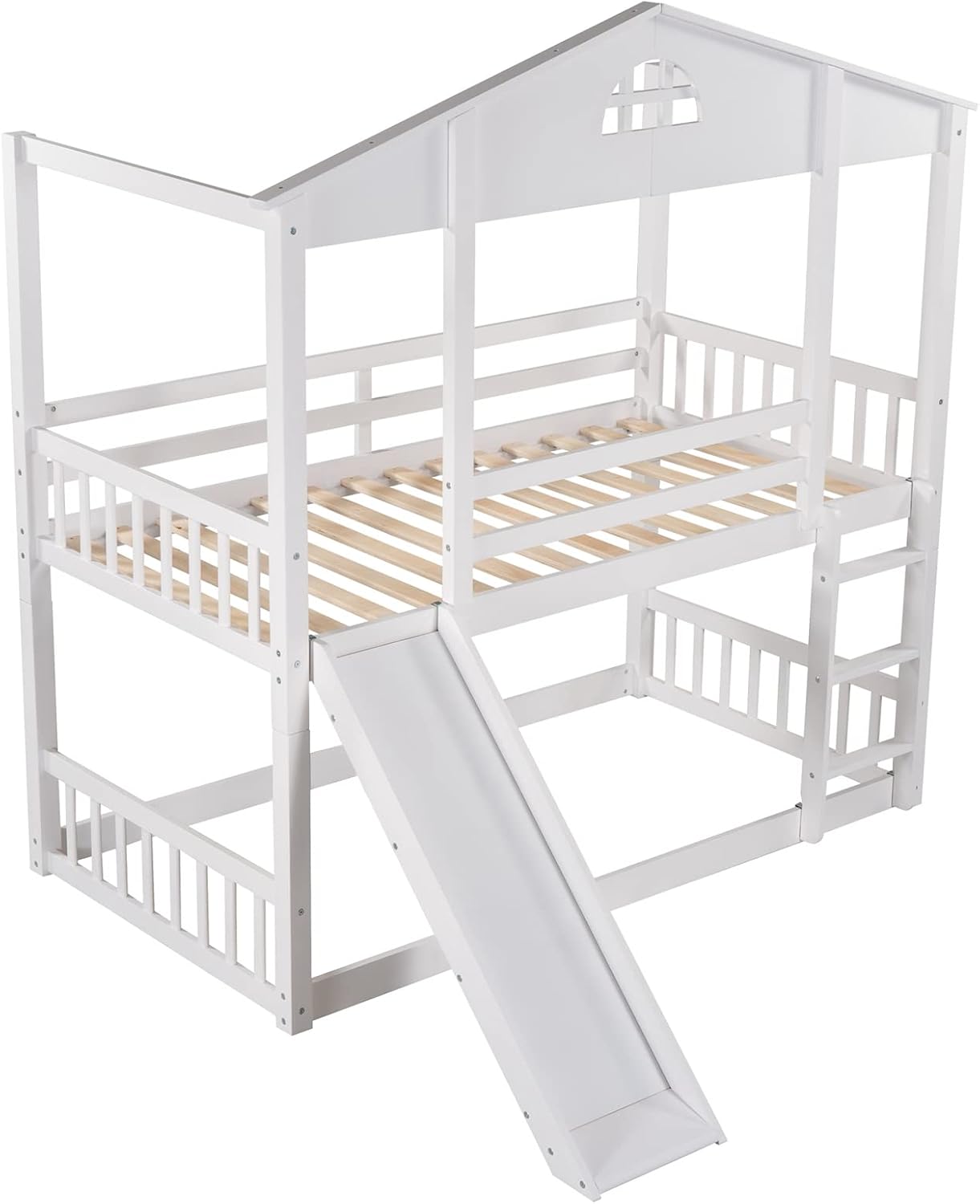 House Bunk Beds with Slide Twin Over Twin Bunk Bed Frame Convertible Wood Bunked Can Be Divided into 2 Platform Beds for Kids Boys Girls Teens, White