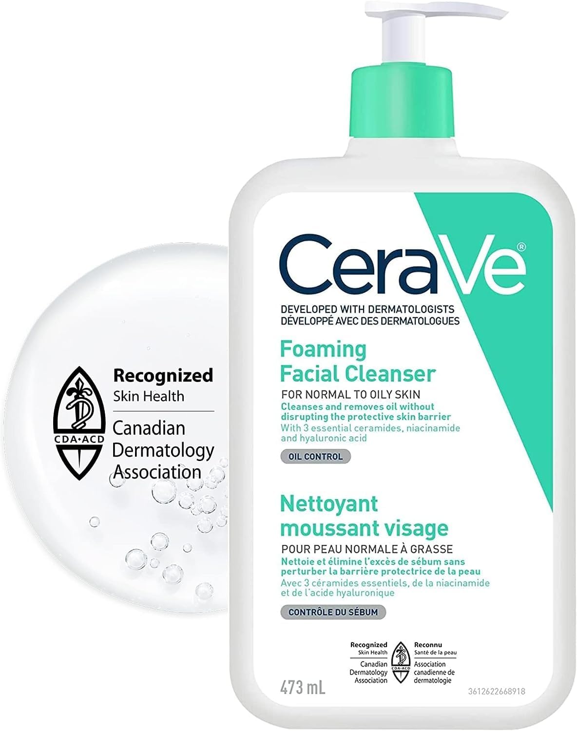 CeraVe FOAMING Face Wash, Gentle Face Cleanser for Men & Women with Hyaluronic Acid, Niacinamide, Ceramides. Makeup Remover for oily skin, won’t clog pores. Non-Comedogenic, Sensitive Skin, 473ML
