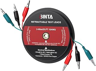 BINTA 3 Wire 20 Ft Retractable Test Leads, Red/Black/Blue Alligator Clip Test Leads, 18 AWG Gauge Wire for Electrical Testing, Cars, Trailers
