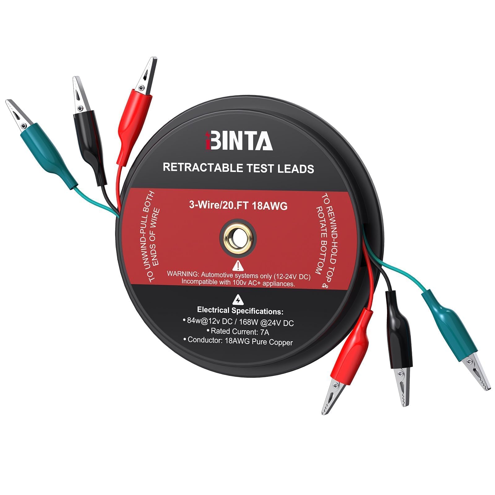 BINTA 3 Wire 20 Ft Retractable Test Leads, Red/Black/Blue Alligator Clips