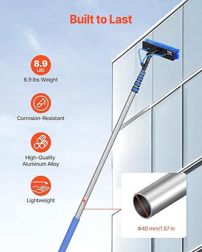 VEVOR 9m Cleaning Pole with Extendable Handle, 180° Rotatable Brush Head & 20m Hose, Household & Outdoor Window Cleaner Tool for Caravan Solar Panel Deck, Blue, 2125-9023 mm - 5