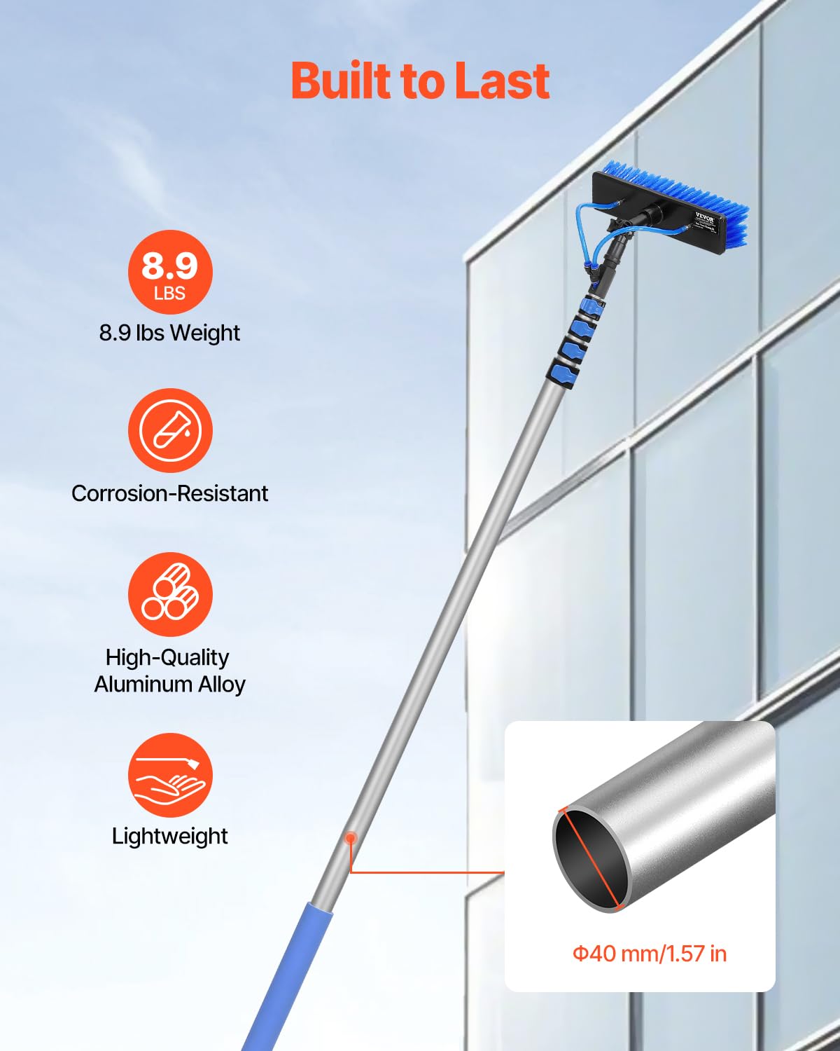 VEVOR Kit Palo Alimentato ad Acqua, Palo per Pulizia dei Pannelli Solari 9 m con Manico Estensibile, Testina della Spazzola Girevole a 180° Tubo Flessibile 20 m, per Ponte Pannello Solare Roulotte