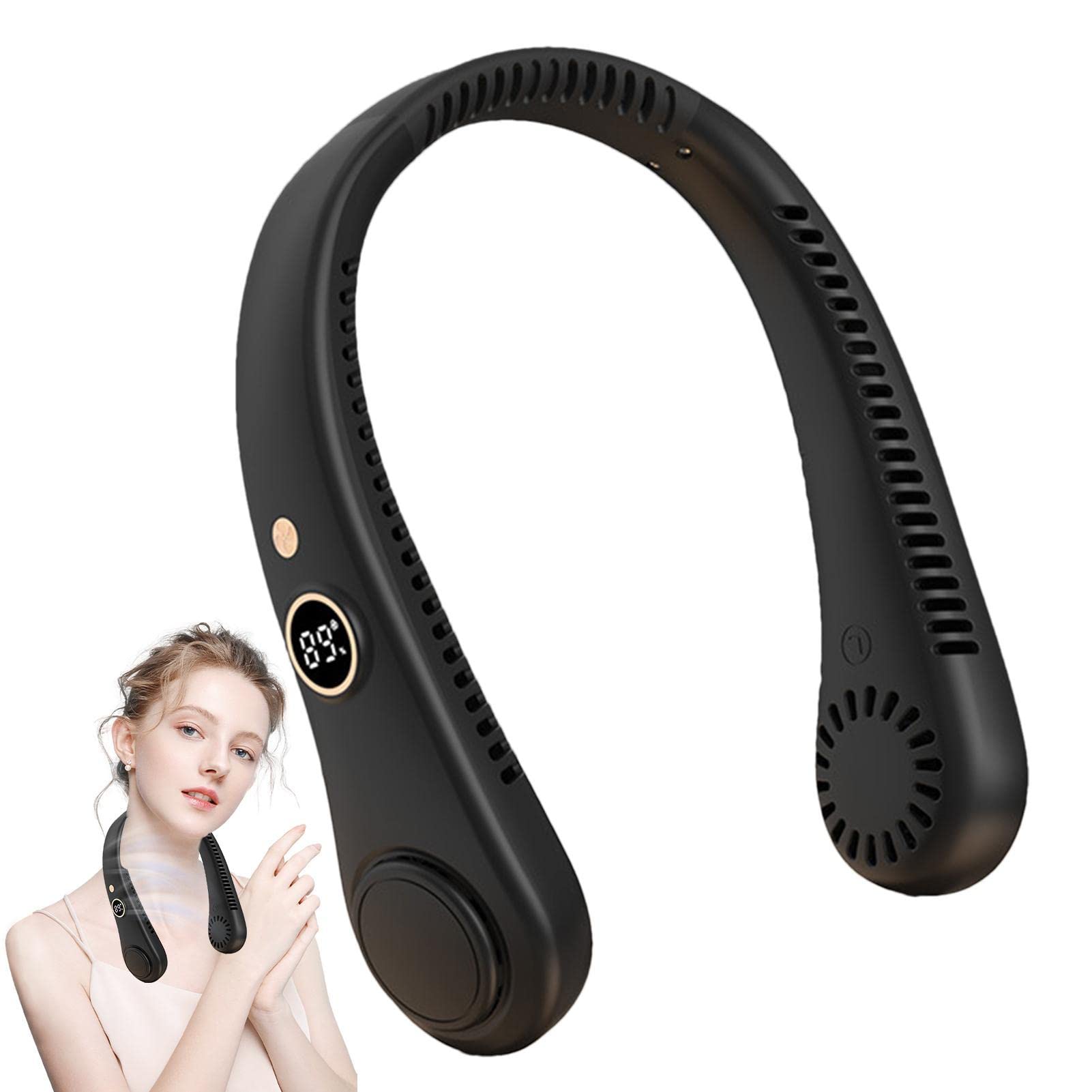 Ventiladores de cuello portátiles recargables - Ventilador manos libres sin aspas - Ventilador de enfriamiento con pantalla de visualización, enfriador de cuello de 5 velocidades para oficinas Ainichi