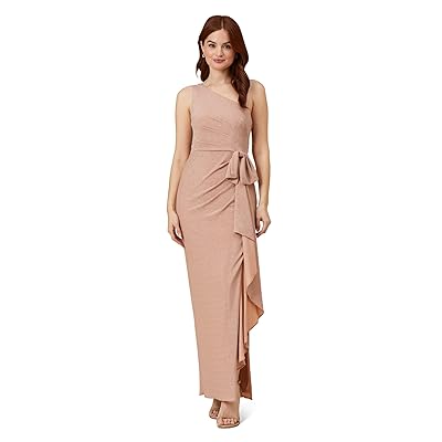 Adrianna Papell Long Stretch Metallic Knit One Shoulder Cascade Side Draped Gown Women