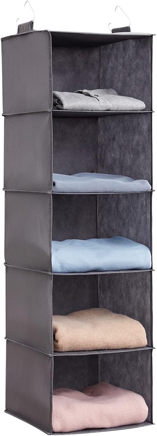 Lifewit 5-Shelf Hanging Closet Organizer with 2 Sturdy Hooks, Closet Hanging Storage Shelves Foldable Hanging Shelf Organizer, Grey
