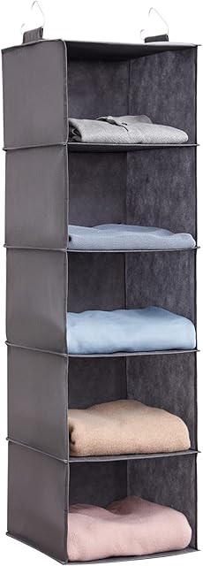 Lifewit 5-Shelf Hanging Closet Organizer with 2 Sturdy Hooks, Closet Hanging Storage Shelves Foldable Hanging Shelf Organizer, Grey