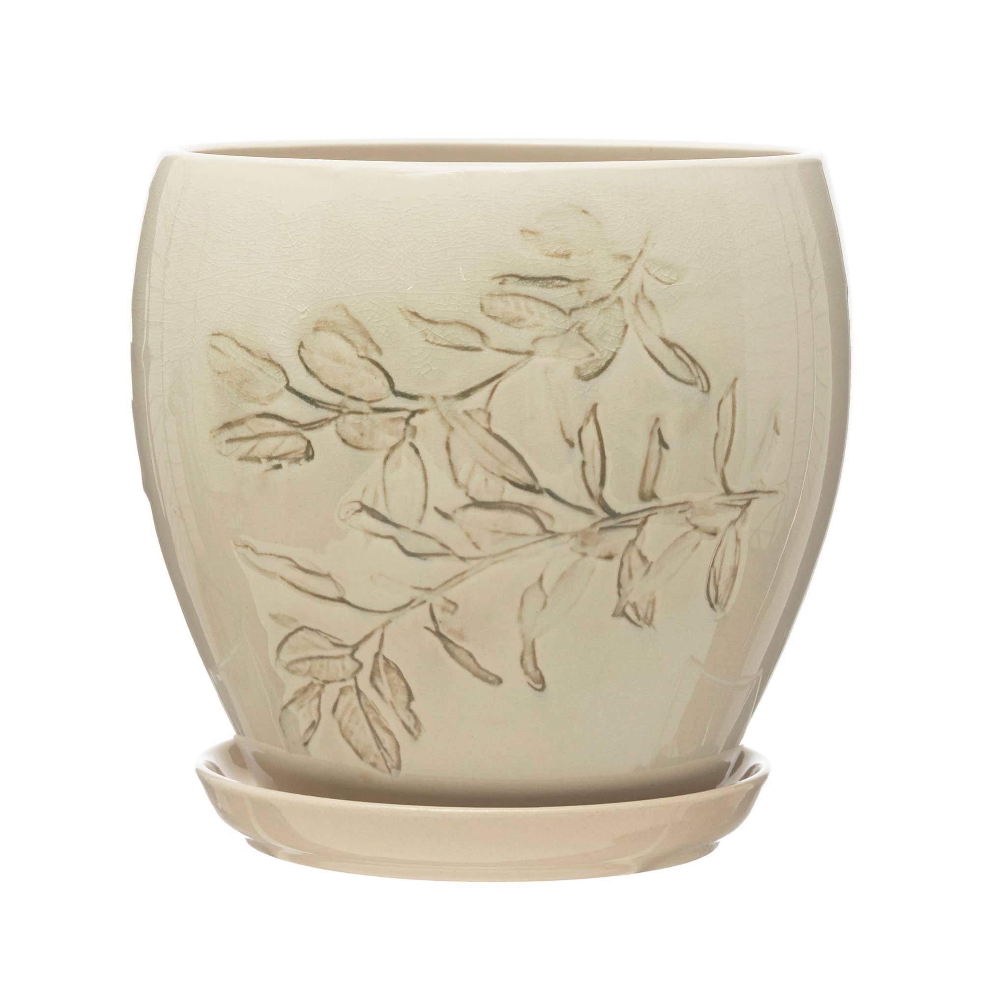 Creative Co-Op Debossed Stoneware Planter with Saucer, Set of 2, Cream and Green Reactive Grackle Glaze, 7" L x 7" W x 8" H