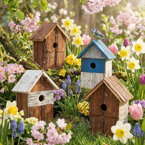 DoubleFill Set of 4 Wood Birdhouses for Outdoor, Garden Decoration Birdhouses for Outdoors, Arts and Crafts Projects, Hanging Birdhouse for Garden Yard Decor Gifts