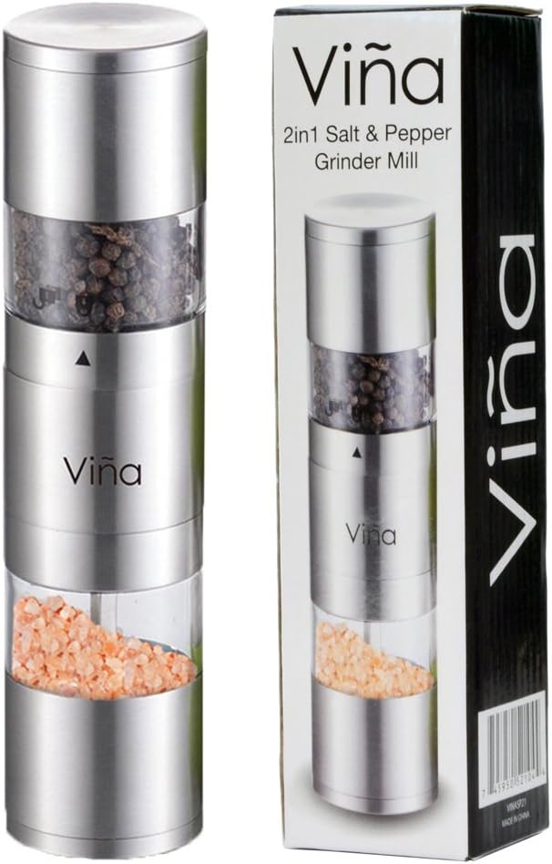 Vina Salt and Pepper Grinder 2 in 1, Stainless Steel Salt