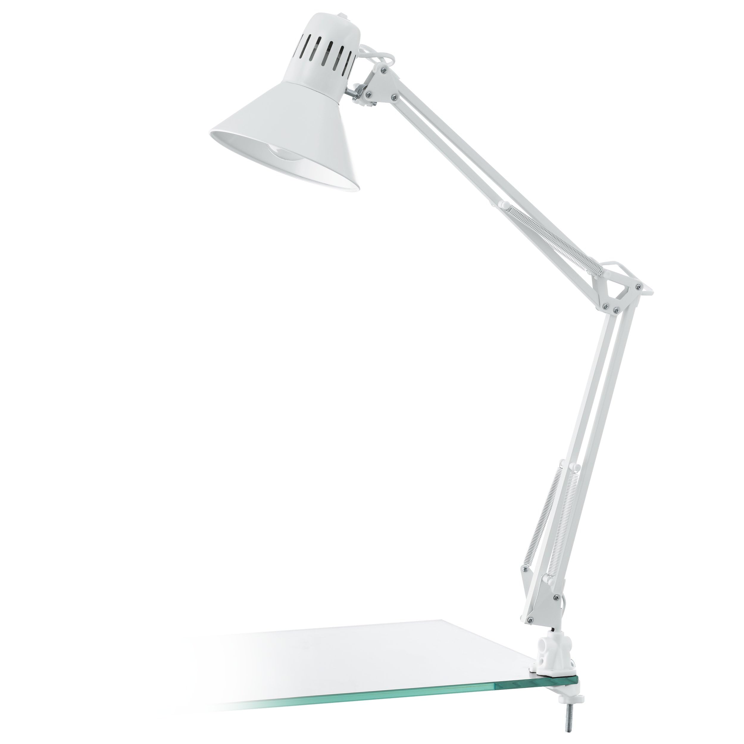 EGLO Firmo Lámpara de mesa con pinza de sujeción de 1 foco, estilo vintage, industrial, retro, de acero y plástico de alta calidad; lámpara con interruptor en blanco brillante, casquillo E27