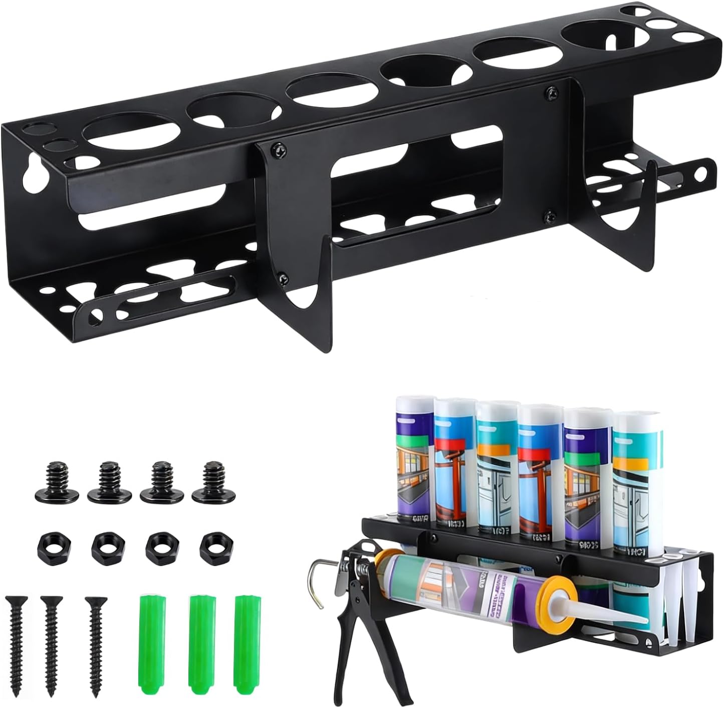 Wall-Mounted Caulk Gun & Tube Rack, 6-Hole Sealant Organizer with Horizontal Base, Work Truck Van Storage Organizer, Holds Caulk Gun, Sealant Tubes & Nozzles (16.54x4.33x4.33 Inches)