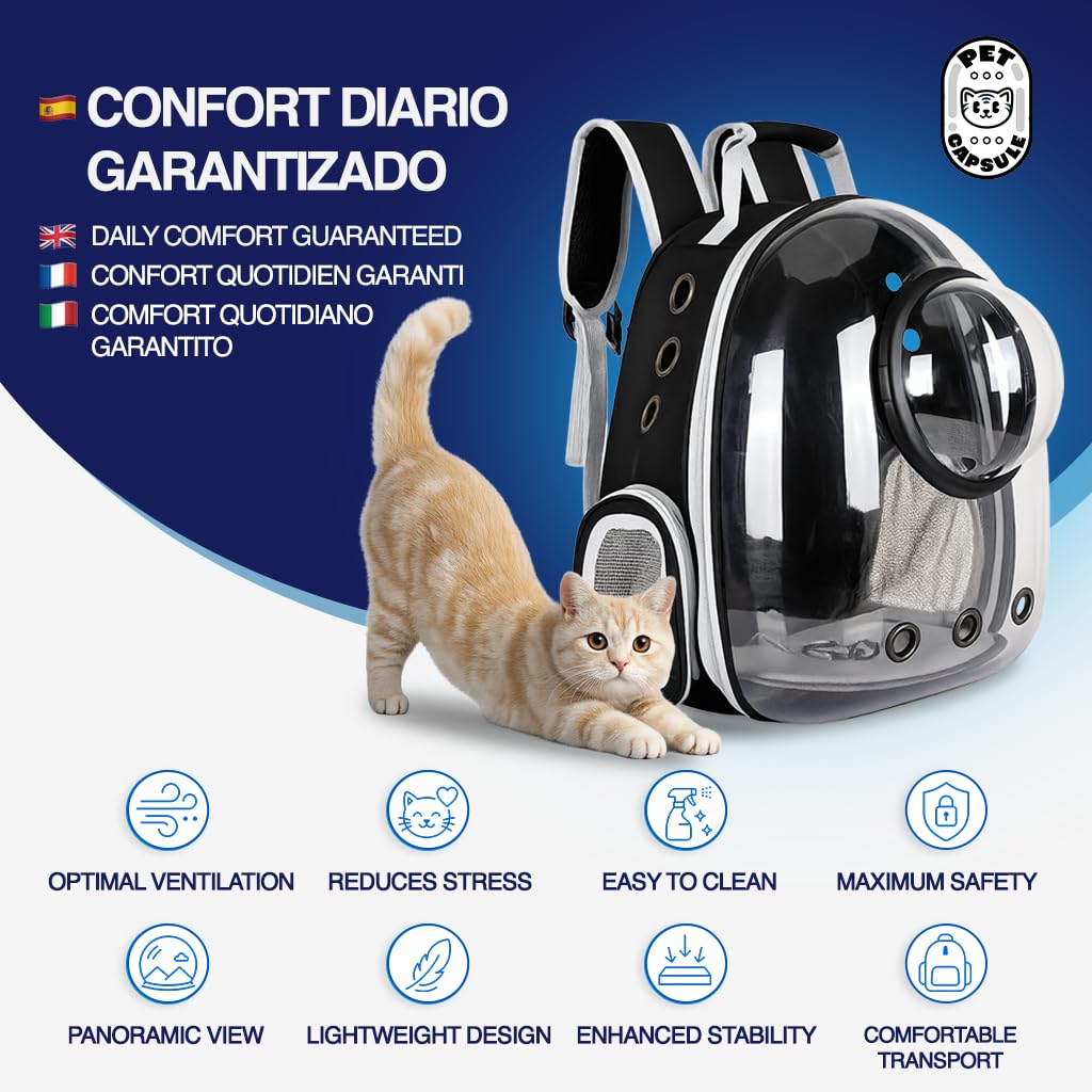 Mochila Transportín Gato y Perro Pequeño hasta 6 kg – Transportín Gatos Cápsula con Ventana Transparente y Cúpula Perforada – Mochila para Gatos Medidas Cabina Avión, Ventilación