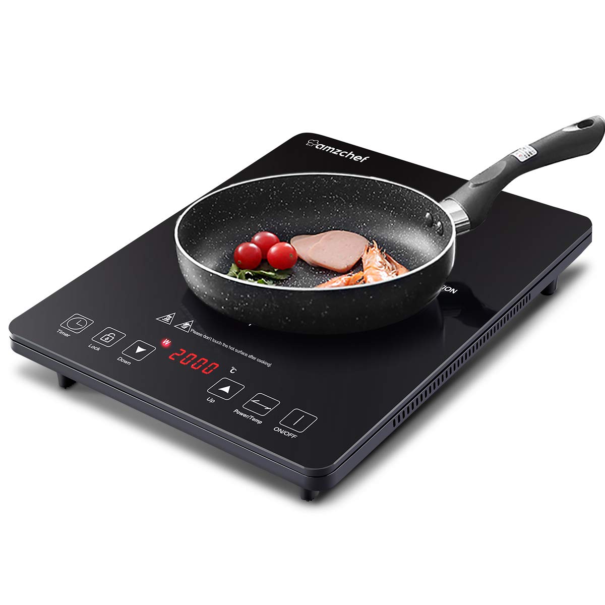 AMZCHEF plaque de cuisson à induction, plaque induction portable, de 2000 W avec corps mince, 20 niveaux de puissance, 20 réglages de température, serrures de sécurité, minuterie de 3 heures, noir