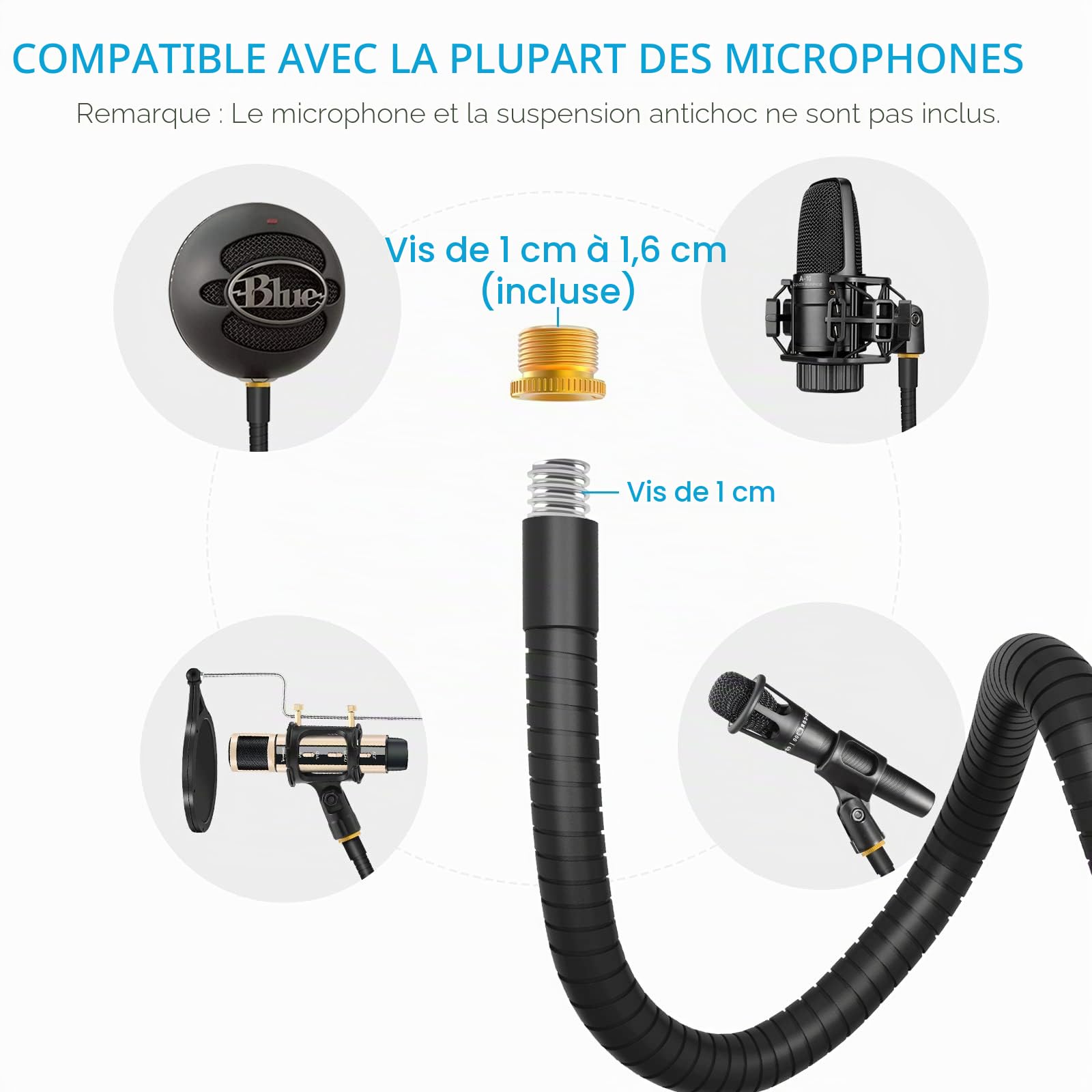 ZealSound Bras Micro Compact 19 inch, Peu Encombrant et Flexible Rigide – Pied Micro Col de Cygne de Bureau, avec Adaptateur 3/8" à 5/8", Support de Microphone pour Blue Snowball Razer Seiren SoloCast