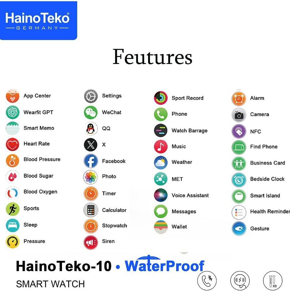 A comprehensive list of features available on the HainoTeko-10 Smart Watch, including App Center, Settings, Sport Record, Alarm, Phone, Camera, Heart Rate, NFC, Music, Voice Assistant, and many more, each represented by an icon.