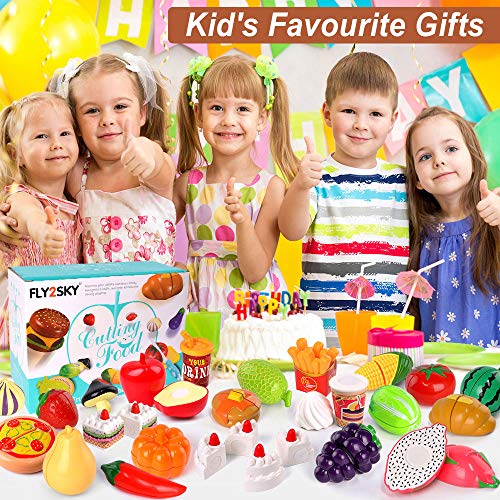 Fly2Sky 60 Pcs Play Food Toys For Kids Kitchen Pretend Play Accessories Cutting Toys Fruits Food Cake Play Set Christmas Birthday Gifts For Girls Boys Toddlers Learning Toys With Storage Bag #TOP3