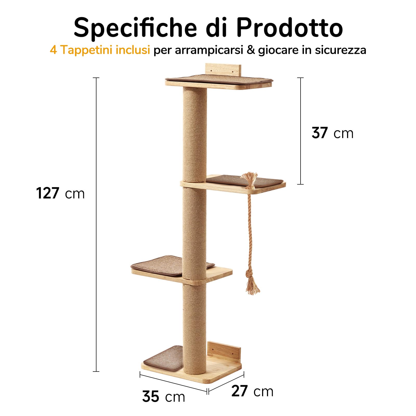 FUKUMARU Albero Tiragraffi per Gatti a Parete, Alto 127 cm, Arrampicare Mensole e Posatoi per Gatti, Legno di Gomma Massiccio,Colonne Tiragraffi con Iuta per Gatti, 4 Tappetini Tiragraffi.Grande.