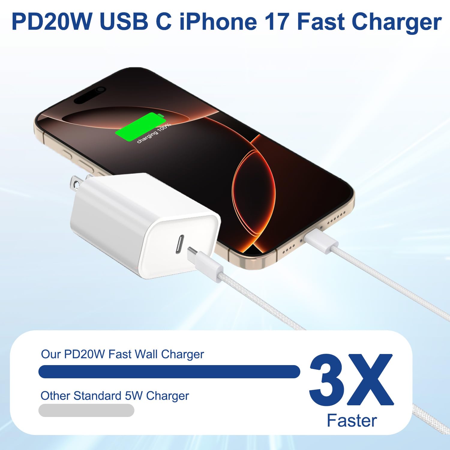 Caricabatterie rapido per iPhone 17, 16, 15, Pro Max, ricarica rapida, confezione da 3 pezzi, 20 W, con cavo per iPhone 17/17 Pro/17 Pro Max/17 Air/16/16e/16 Plus/16 Pro/16 Pro Max/15/15 Pro Max/iPad