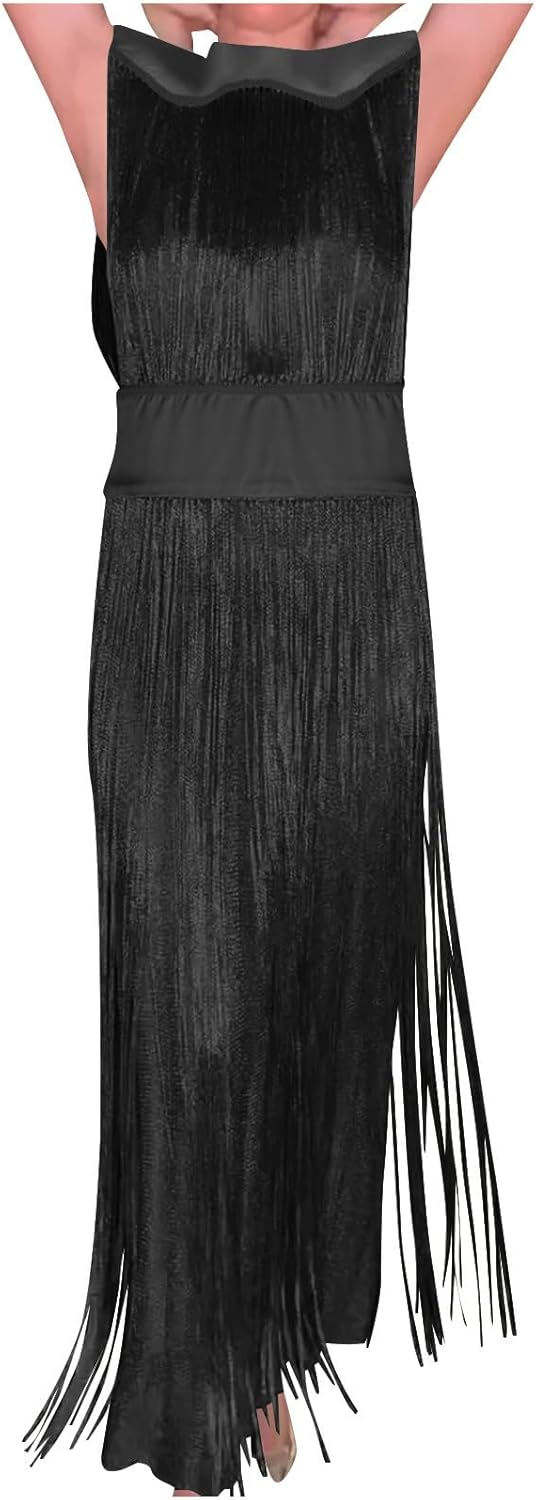 Women's 1920s Roaring Flapper Dresses Crewneck Sleeveless Dress Gatsby Satin Maxi Fringe Vintage Tassel Party Dress