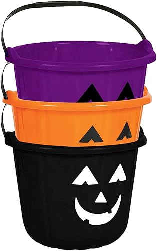 PMU Cubo de Halloween Jack-O-Lantern para truco o trato, cesta de regalo para dulces para niños, cubos de plástico de calabaza con asa, decoración