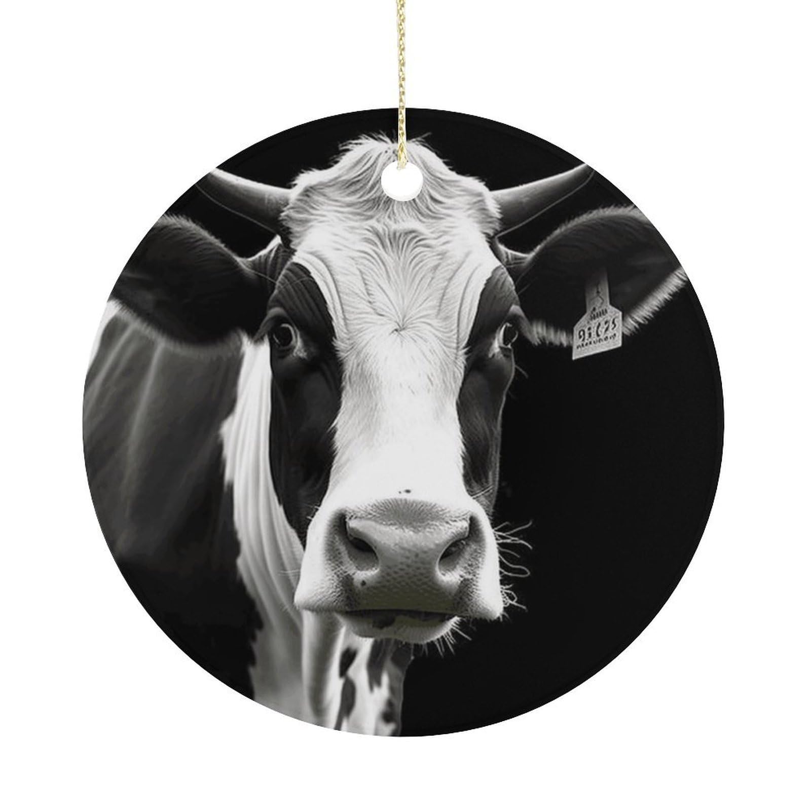 Animal Funny Cow Head Black White Christmas Ornaments Colorful Round Ceramic Ornament Christmas Hanging Decor Christmas Tree Decorations Xmas Keepsake for Women Men Xmas Holiday Party
