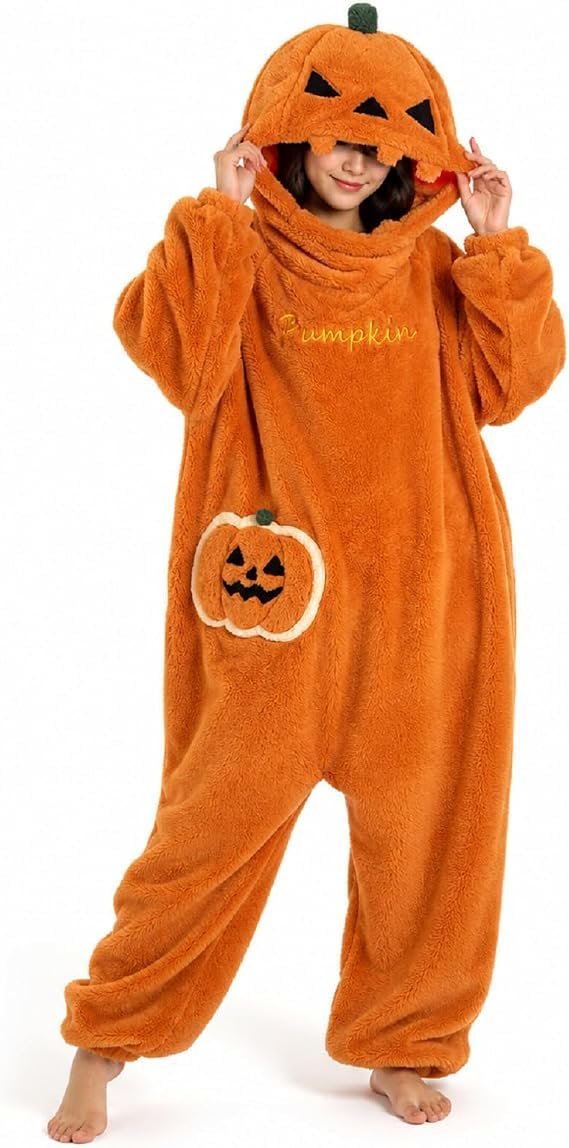 Halloween Onesie Kürbis. Damen Herren Pyjama Overall mit Kapuze Fleece Kostüm Cosplay Loungewear Unisex Erwachsene Kuschelig Karneval Schlafanzug Ganzkörper Plüsch Warm