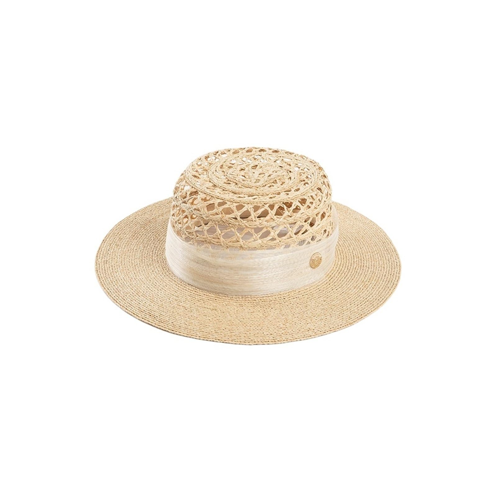 Generico Cappello da Sole in Paglia Lafite da Donna - Nastro in Lino e Logo in Metallo, Tesa Larga per Protezione UV