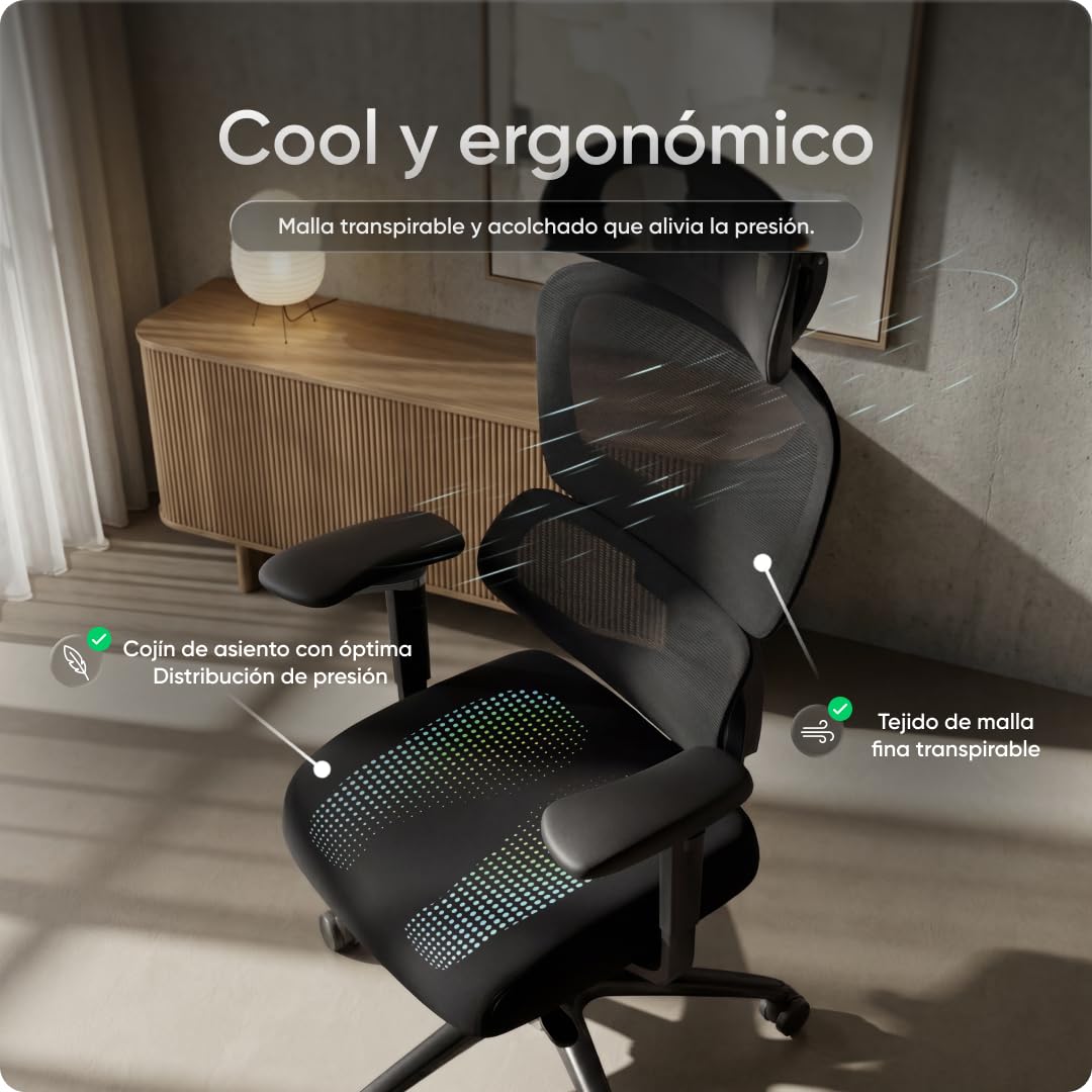 Move Pro Silla de Oficina Ergonómica – Soporte Lumbar Ajustable, Respaldo Reclinable en 3 Posiciones, Asiento Ajustable en Altura, Tejido Transpirable, Silla de Escritorio Ergonómica hasta 150 kg